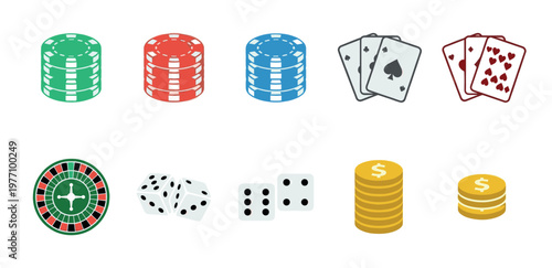 A collection of flat, isometric illustrations representing casino gambling, including poker chips, playing cards, dice, roulette wheel, and coins, on a white background.
