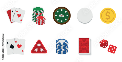 A collection of flat design icons representing various casino and gambling elements including playing cards, chips, dice, and a dollar coin on a white background.