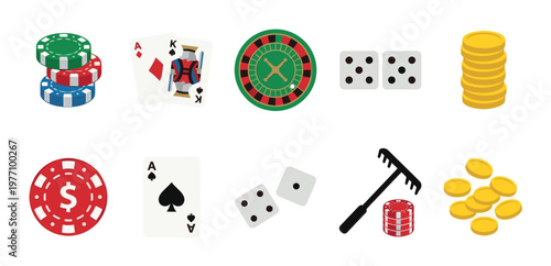 A flat vector illustration showcases various casino gambling game elements including chips, playing cards, dice, a roulette wheel, and coins against a white background.