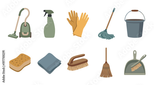 A flat illustration of various cleaning tools including a vacuum cleaner, spray bottle, gloves, mop, bucket, sponge, cloth, brush, broom and dustpan.