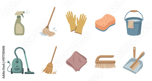 A collection of flat illustrated cleaning tools including a spray bottle, mop, gloves, sponge, bucket, vacuum, broom, cloth, brush, and dustpan on a white background.