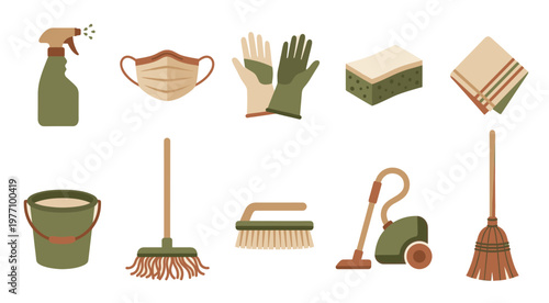A collection of flat design icons representing various cleaning tools and supplies, including a spray bottle, mask, gloves, sponge, cloth, bucket, mop, brush, vacuum, and broom.