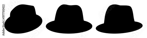 Fedora hat set with black silhouette on white background featuring hat, headwear, fashion with silhouette and illustration