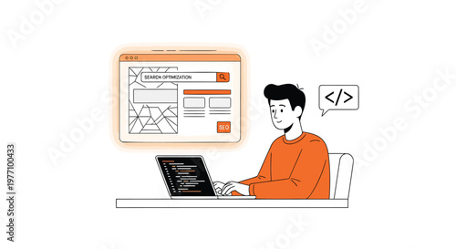 Web developer, coding, programming, software engineer, orange shirt, vector illustration
