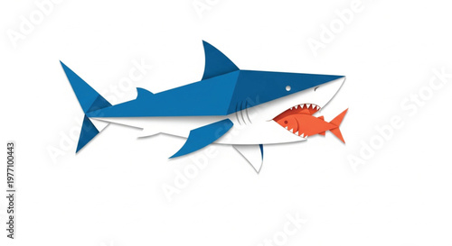 A modern geometric logo of a blue and white shark swallowing a smaller orange fish. Designed in a stylized, origami-inspired flat vector style, this illustration symbolizes competition, dominance.