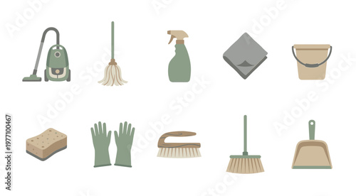 A clean and organized flat design illustration featuring a collection of essential household cleaning tools arranged against a white background.