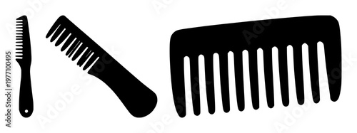 Comb set with bold black silhouette on white background featuring hair grooming, styling tools, flat vector with minimalism and iconography