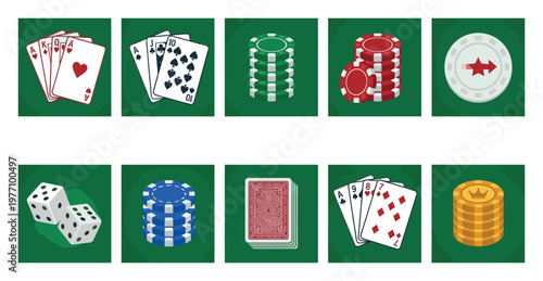 A collage of casino and gambling game elements including playing cards, poker chips, dice, and coins, set against a simple green backdrop.