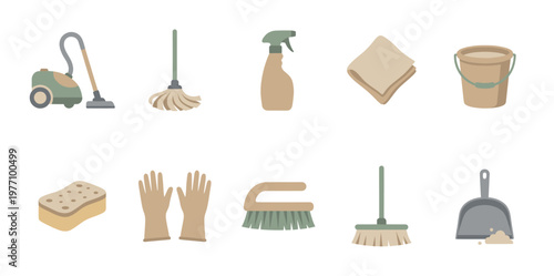 A flat design illustration of various cleaning supplies including a vacuum, mop, spray bottle, cloth, bucket, gloves, brushes, and dustpan on a white background.