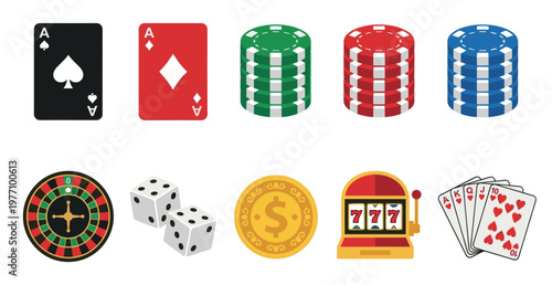 A collection of colorful, flat vector icons representing various casino games and elements including playing cards, poker chips, dice, roulette, a slot machine, and a gold coin.