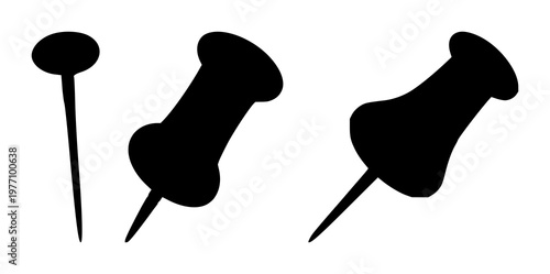 Push pin set with black silhouette on white background featuring push pins, office accessories, stationery with black and white and minimalist
