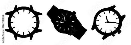 Watch set with black silhouette on white backdrop featuring watch, timepiece, wrist accessory with elegance and silhouette