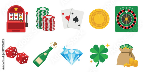 A flat illustration set featuring colorful casino and gambling icons like slot machine, chips, cards, dice, roulette, diamond, clover and money bag.