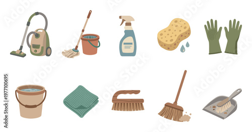 A charming collection of illustrated cleaning tools including a vacuum, mop, bucket, spray bottle, sponge, gloves, cloth, brush, and dustpan for domestic chores.