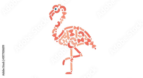 This creative vector illustration features a flamingo silhouette uniquely composed of various pasta shapes like macaroni, farfalle, and penne. Designed in a vibrant coral pink.