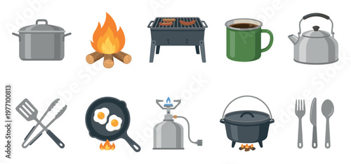 Collection of flat design vector icons depicting camping cooking equipment including a pot, campfire, grill, mug, kettle, spatula, tongs, frying pan, stove, Dutch oven, and cutlery.