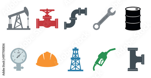 A collection of flat vector icons representing key elements of the oil and gas industry, including an oil rig, valve, barrel, and gas pump.