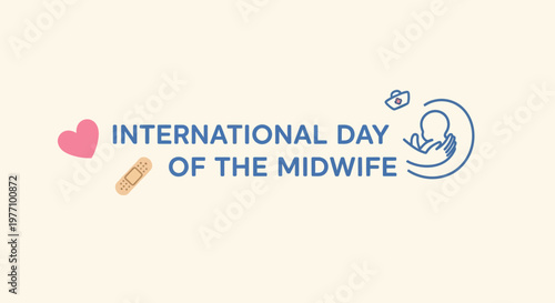International Day of the Midwife banner with heart, bandage, and protective hands holding baby icon, in a bright studio.