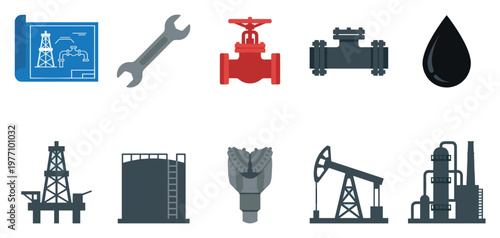 This collection features flat vector icons representing the oil and gas industry, including rigs, pumps, and refining equipment, ideal for technical or business presentations.