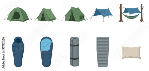A collection of diverse camping equipment including tents, sleeping bags, mats, and a hammock, presented in a clean, flat vector style on a white background.