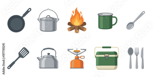 Flat illustration of camping cooking equipment including a frying pan, pot, campfire, mug, spoon, spatula, kettle, stove, cooler, and cutlery.