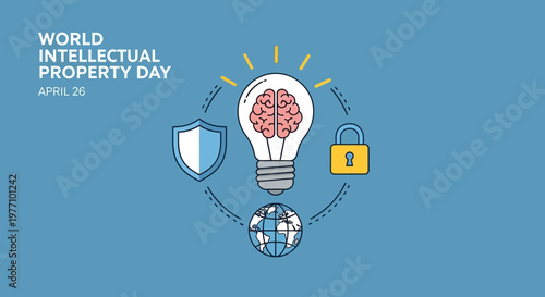 World Intellectual Property Day concept with a lightbulb revealing a brain, alongside a protective shield, padlock, and globe on a blue gradient background.