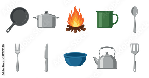 A collection of illustrated camp kitchen items including pots, pans, utensils, a campfire, and a mug, set against a clean white background.