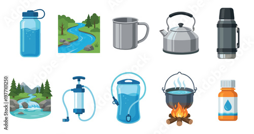 A collection of flat design illustrations featuring essential camping gear and natural landscapes, perfect for outdoor adventure themes.