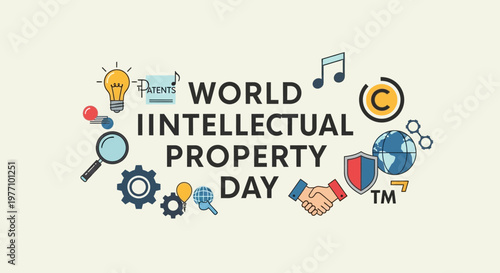 World Intellectual Property Day concept showing magnifying glass, gears, brain, music notes, copyright and trademark symbols, with a protective shield in a bright studio.