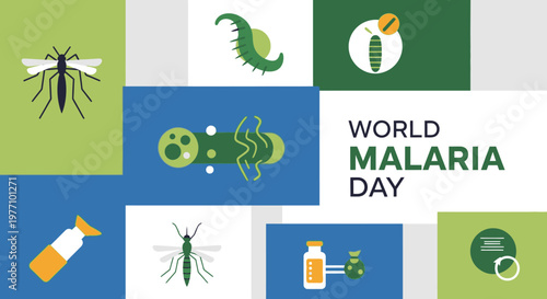 World Malaria Day infographic showing mosquito, larva, repellent, medicine, and microscope icons on a blue and green panel background.