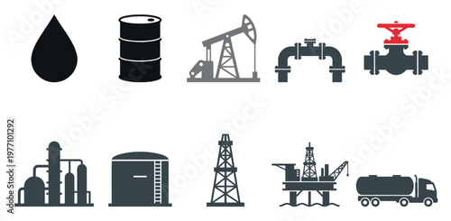 A collection of flat vector icons representing various aspects of the oil and gas industry, including crude oil, barrels, pumps, pipelines, and offshore platforms.