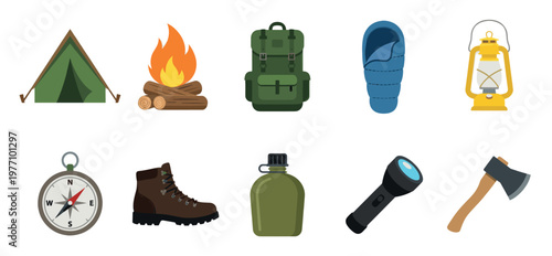 A collection of flat, illustrated camping equipment including a tent, campfire, backpack, sleeping bag, lantern, compass, boot, canteen, flashlight, and axe on a white background.