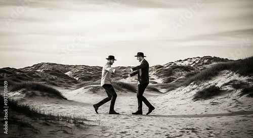 Two men in hats dancing on a sandy beach with dunes.