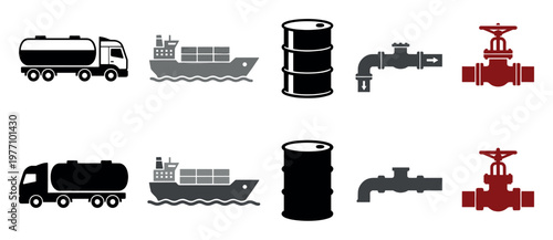 This is a set of flat design icons illustrating industrial transportation and distribution elements like trucks, ships, barrels, pipes and valves in black, gray and red.