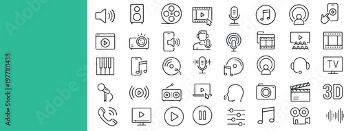 Cinema, speaker, online, picture, play button, music, collection. Editable stroke.Audio and Video web icons in line style.Vector illustration.eps