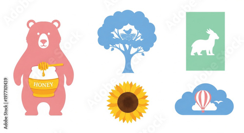 This charming collection of flat-style illustrations features nature-inspired icons in a soft, pastel color palette. It includes a cute bear with honey, a tree with a bird's nest, a rabbit silhouette.