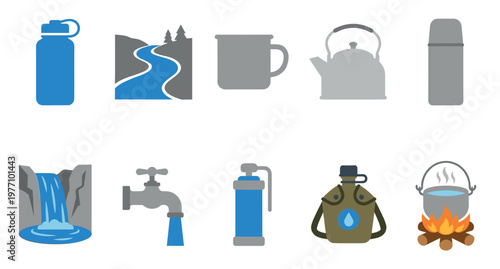 A collection of flat design icons depicting various camping and outdoor water-related items, including bottles, a river, a kettle, a waterfall, a tap, and a campfire.