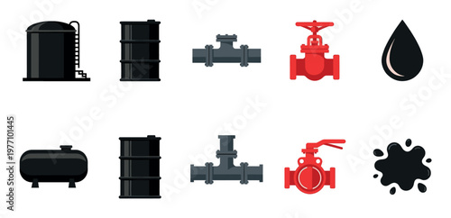 A collection of flat design icons representing essential oil industry elements including storage tanks, barrels, pipes, valves, and oil drops on a white background.