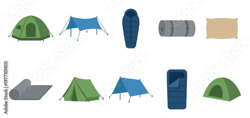 A collection of flat design illustrations featuring various camping equipment like tents, sleeping bags, mats, and a pillow, perfect for outdoor adventure themes.