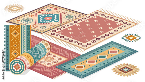Colorful assortment of decorative wool carpets and rugs with various patterns