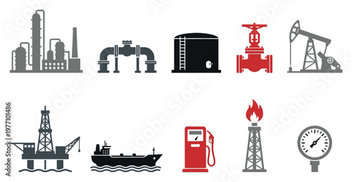 A collection of simplified icons representing the oil and gas industry, including refinery, pipeline, storage tank, pump jack, oil rig, tanker, gas pump, flare stack, and gauge.