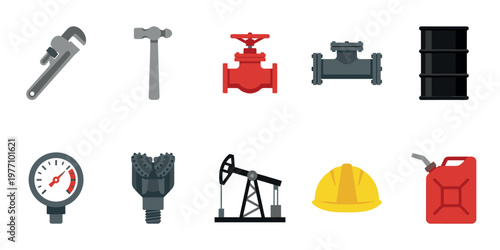 A collection of flat design icons representing various tools and equipment used in the oil and gas industry, including a pipe wrench, hammer, valve, and more.