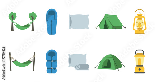 A collection of colorful flat illustration icons representing essential camping equipment, including hammocks, sleeping bags, pillows, tents, and lanterns, perfect for outdoor adventure themes.