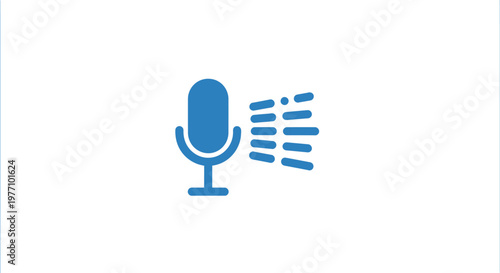 Blue microphone icon on a white background with sound waves emanating