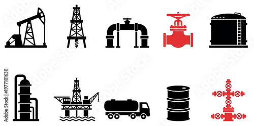 A collection of flat design icons representing various elements of the oil and gas industry, including pump jacks, rigs, pipelines, and tanks.