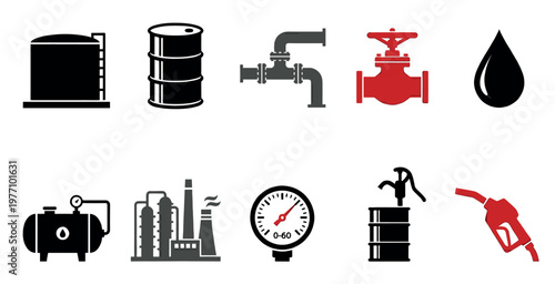 A collection of simple, flat graphic icons representing various aspects of the oil and gas industry, including tanks, barrels, pipes, valves, and a fuel nozzle.
