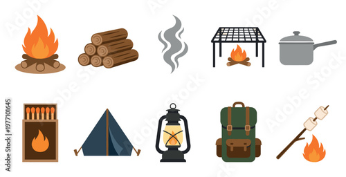 This is a collection of flat design camping icons including a campfire, logs, smoke, grill, pot, matches, tent, lantern, backpack, and toasted marshmallows.