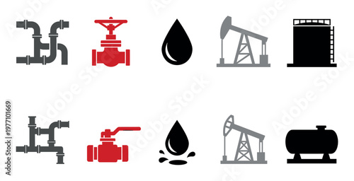 A collection of simple, flat icons representing various aspects of the oil and gas industry, including pipes, valves, oil drops, pumpjacks, and storage tanks.