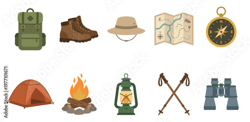 A flat illustration featuring essential outdoor adventure gear including a backpack, boots, hat, map, compass, tent, campfire, lantern, trekking poles, and binoculars against a white background.