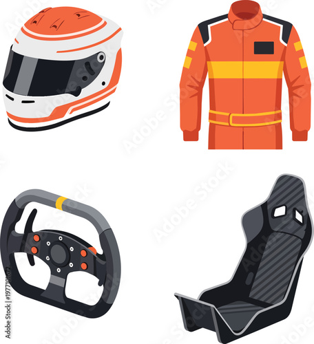 Professional Motorsport Equipment with Racing Helmet Suit and Steering Wheel